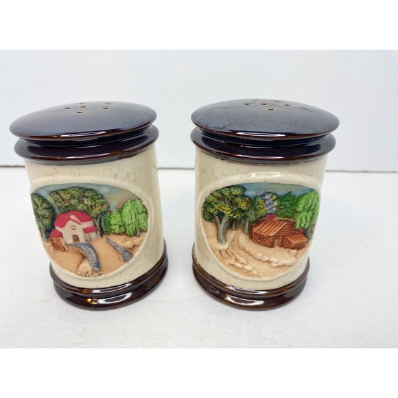 Vintage Hershey Mold Salt & Pepper Set Concave Village Scene Ceramic - Picture 2 of 8